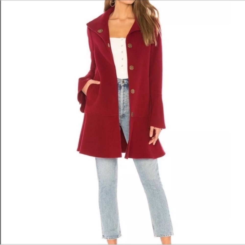 Joie - Red Wool Blend Anichka Ruffle Bell Sleeve Coat - Size L